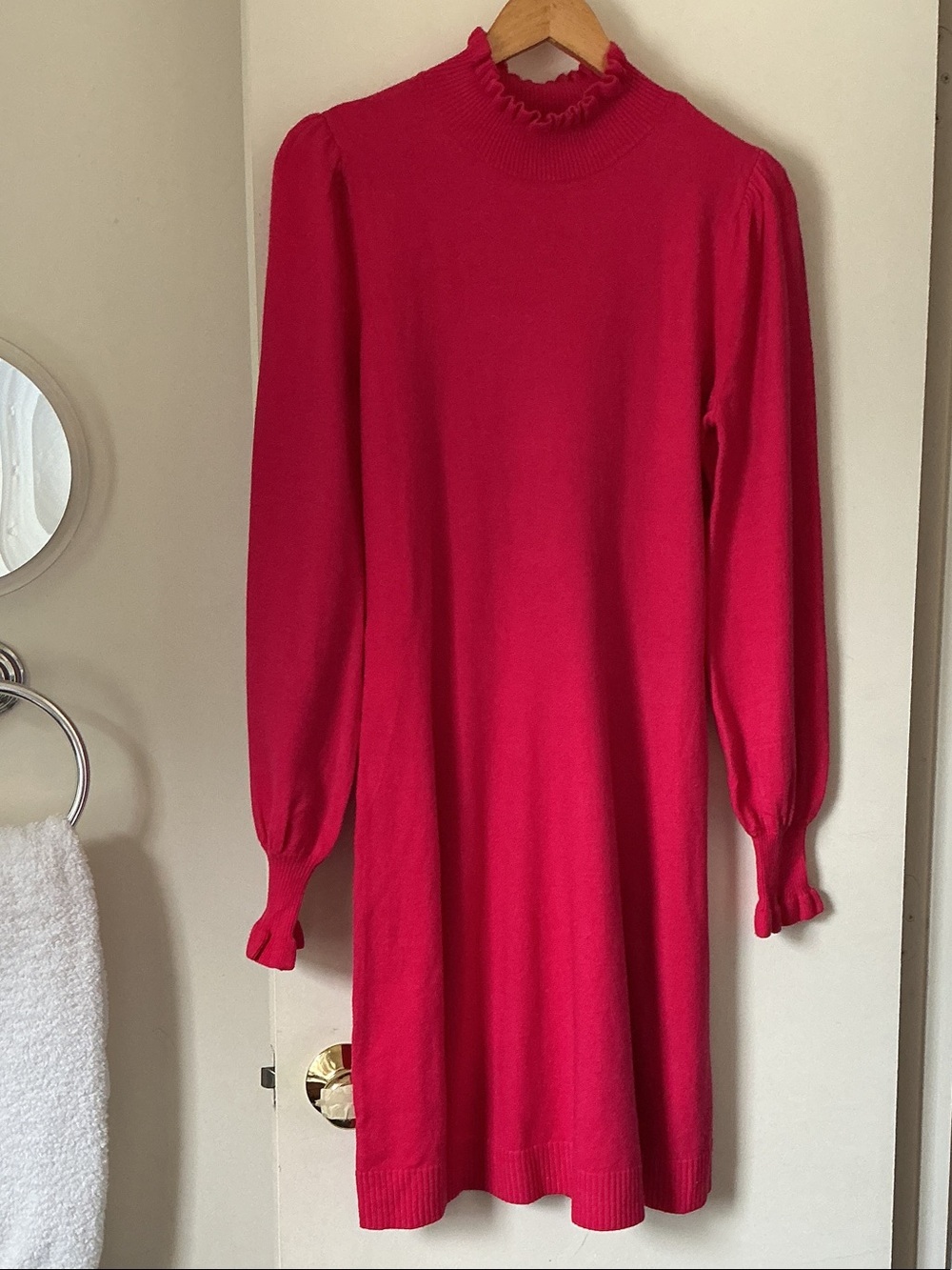 CE CE Women's Red Long-Sleeve Knit Dress with Ruffle Neck